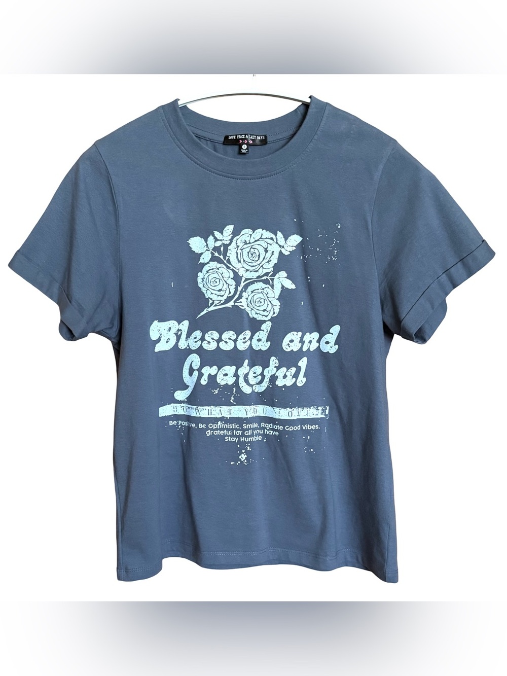 Womens Inspiration Christian TShirt "Blessed and Grateful" Blue Short Sleeve Tee